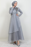 Taşlı Organze Abiye Gri