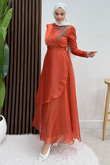 Taşlı Organze Abiye Kiremit