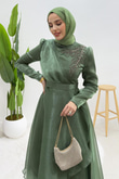 Taşlı Organze Abiye Soft Yeşil