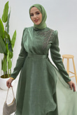 Taşlı Organze Abiye Soft Yeşil
