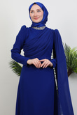 Yakası Taşlı Elbise Gece Mavi