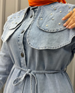 0222-Taşlı Denim Elbise-Açık Mavi