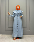 0222-Taşlı Denim Elbise-Açık Mavi