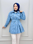 0232-Çiçek Pullu Denim Ceket-Açık Mavi