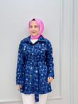 0232-Çiçek Pullu Denim Ceket-Koyu Mavi