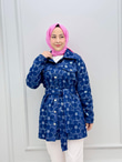 0232-Çiçek Pullu Denim Ceket-Koyu Mavi