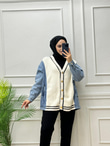 0440-Peluş Detaylı Denim-Ekru