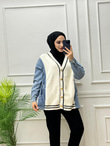 0440-Peluş Detaylı Denim-Ekru
