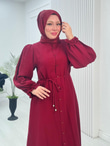 0924-Müslin Maxi Elbise-Bordo