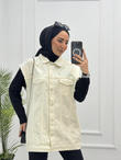 1066-Denim Yelek-Beyaz