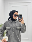 2219-Taşlı Denim Takım-Gri