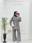 2219-Taşlı Denim Takım-Gri