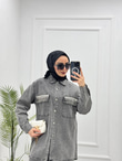 2219-Taşlı Denim Takım-Gri