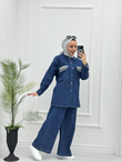 2219-Taşlı Denim Takım-Koyu Mavi
