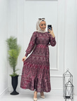 3344-Etnik Desen Elbise-Bordo