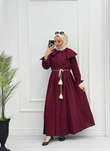 3719-Keten Elbise-Bordo