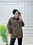 5022-Yakası Deri Leopar Ceket-Camel
