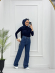 6005-Palazzo Denim Pantolon-Koyu Mavi
