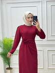 7433-Gül Broşlu Elbise-Bordo