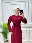 7433-Gül Broşlu Elbise-Bordo