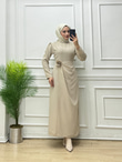 7433-Gül Broşlu Elbise-Krem