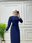 7433-Gül Broşlu Elbise-Lacivert