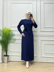 7433-Gül Broşlu Elbise-Lacivert