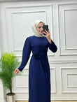 7433-Gül Broşlu Elbise-Lacivert