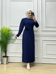 7433-Gül Broşlu Elbise-Lacivert