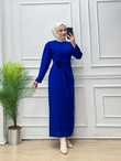 7433-Gül Broşlu Elbise-Sax Mavisi
