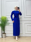 7433-Gül Broşlu Elbise-Sax Mavisi