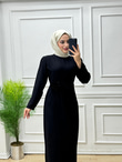 7433-Gül Broşlu Elbise-Siyah