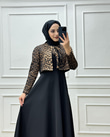 7444-Leopar Ceketli Elbise-Siyah