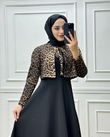 7444-Leopar Ceketli Elbise-Siyah