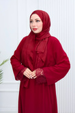 Cw6815-Şifon Dantelli Biye Kemerli Elbise-Bordo