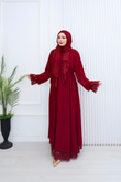 Cw6815-Şifon Dantelli Biye Kemerli Elbise-Bordo