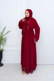 Cw6815-Şifon Dantelli Biye Kemerli Elbise-Bordo