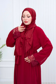 Cw6815-Şifon Dantelli Biye Kemerli Elbise-Bordo