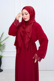 Cw6815-Şifon Dantelli Biye Kemerli Elbise-Bordo