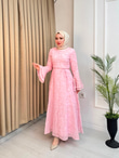 Ed6798-Desenli Vual Elbise-Pembe