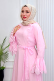 Gc6814e-Vual Çiçek Detaylı Geniş Kollu Elbise-Pembe