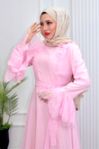 Gc6814e-Vual Çiçek Detaylı Geniş Kollu Elbise-Pembe