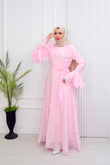 Gc6814e-Vual Çiçek Detaylı Geniş Kollu Elbise-Pembe