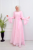 Gc6814e-Vual Çiçek Detaylı Geniş Kollu Elbise-Pembe