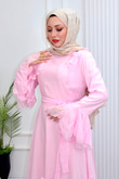 Gc6814e-Vual Çiçek Detaylı Geniş Kollu Elbise-Pembe