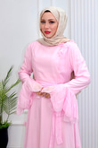 Gc6814e-Vual Çiçek Detaylı Geniş Kollu Elbise-Pembe