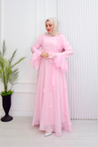 Gc6814e-Vual Çiçek Detaylı Geniş Kollu Elbise-Pembe