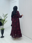 Gx2562-Çiçekli Şifon Elbise-Mürdüm