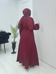 Gx2563-Düğmeli Müslin Elbise-Bordo