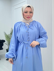 Gx2563-Düğmeli Müslin Elbise-Mavi